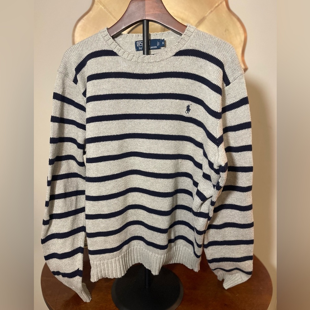 Polo Ralph Lauren Men's Cotton Crewneck Striped Sweater Navy Gray Prep Nautical - Picture 2 of 11